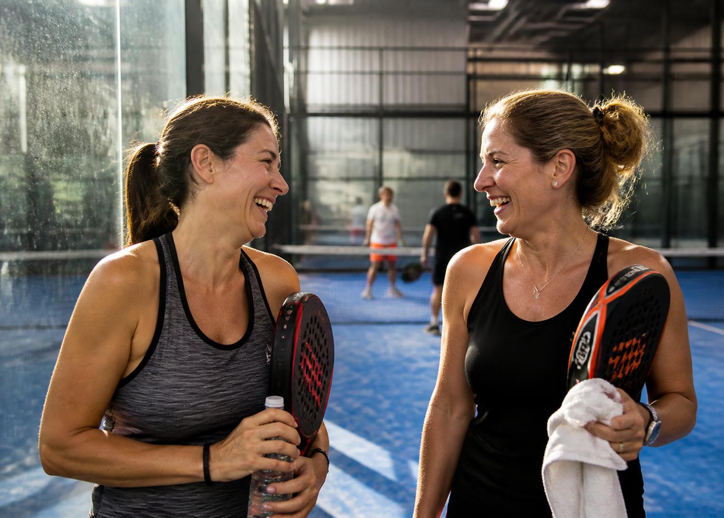 Twee speelsters lachen na hun wedstrijd